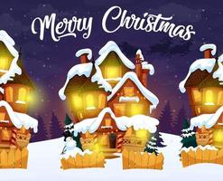 Merry Christmas greeting card with night village vector