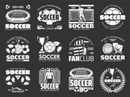 iconos de jugadores y elementos deportivos de juego de fútbol vector