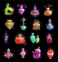 Halloween witch potion, elixir and poison bottles vector