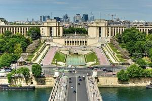 Aerial view of Trocadero as seen from the Eiffel Tower with La Defense in the background in Paris, France. photo