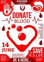 Blood Donor center banner with red drop and heart vector