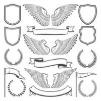 Heraldic wings, shields and ribbons, vector