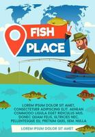 Fisher catch on fishing place vector poster
