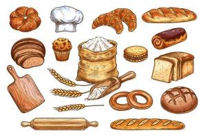 panadería, pan, y, pasteles, pasteles, vector, bosquejo vector