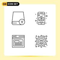 Mobile Interface Line Set of 4 Pictograms of computers page gadget camera website Editable Vector Design Elements