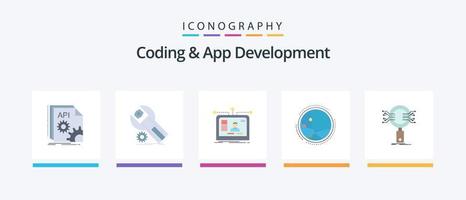 Coding And App Development Flat 5 Icon Pack Including connection. worldwide. maintenance. design. user. Creative Icons Design vector