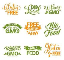 Bio, organic and natural food lettering icons vector