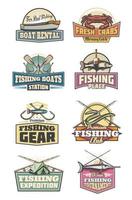 equipo de pesca club de pesca iconos retro caña y pescado vector