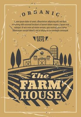 Farm house with field old retro vector poster