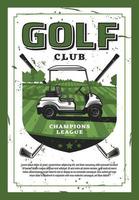 coche de golf y club de golf en cartel retro de vector de césped