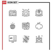 Modern Set of 9 Outlines Pictograph of world connection computer communication globe Editable Vector Design Elements