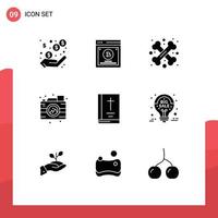 9 Thematic Vector Solid Glyphs and Editable Symbols of bible camera bone process sign Editable Vector Design Elements