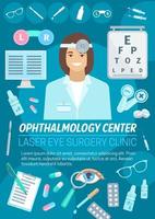 Ophthalmologist with eye, lens and glasses vector