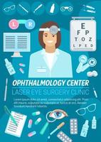 Ophthalmologist with eye, lens and glasses vector