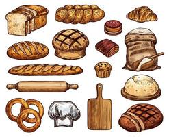 Fresh delicious soft bakery products sketches set vector