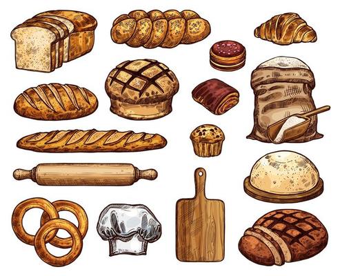 Fresh delicious soft bakery products sketches set