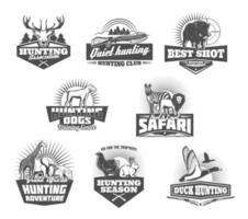 Hunting club, animals and gun retro icons vector