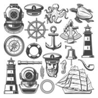 símbolos náuticos e iconos de vectores de navegación marina