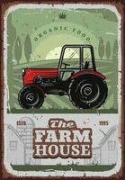 Farm house vector poster with farmer tractor