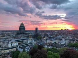 Aerial view of the Brussels city skyline at sunset in Belgium. photo