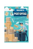 Postman at post office with mail, letter, parcel vector