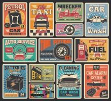 Car service and auto repair garage retro cards vector