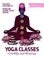 Yoga classes, human in lotus pose, chakras signs vector