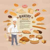 Bakery shop, baked pastry and baker vector