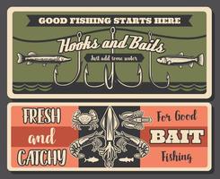 Fishery retro, fishing tools and seafood vector