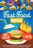 Junkfood snacks fast food menu icons vector poster