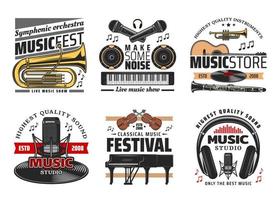Musical instruments icons, concerts and festival vector