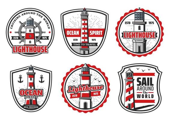 Vector icons of sea or ocean lighthouse