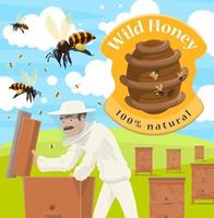 cartel de la granja de miel con apicultor masculino en el colmenar vector