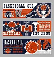 pancartas de juegos deportivos de baloncesto con campo y pelota vector