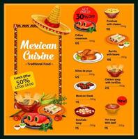 Mexican cuisine menu with lunch offer and prices vector