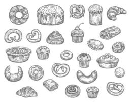 panadería pan y pasteles de postre, boceto vectorial vector