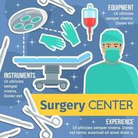 Surgery center poster with surgeon and instruments vector