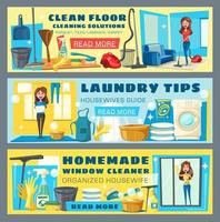 banners de guía de limpieza de piso y lavandería de ama de casa vector
