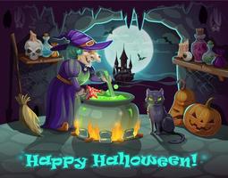 Halloween witch, pumpkin and potion cauldron vector