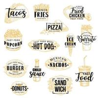 Fast food snacks, burgers and pizza lettering vector