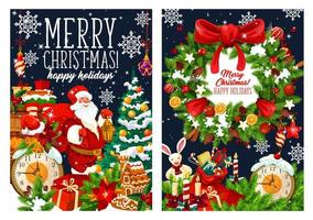 Christmas Santa with gifts bag, vector greetings