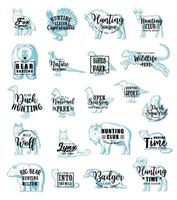 Hunting icons with animals or birds, lettering vector