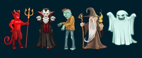 fantasmas de halloween, personajes de vampiros y zombis vector