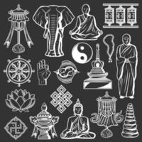 iconos de la religión y la cultura del budismo, espiritualidad vector