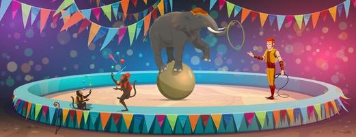 Big Top Circus Arena, elefante en pelota y monos. vector