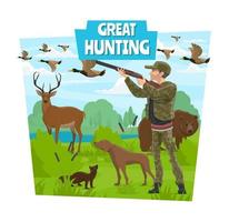 Hunting adventure, hunter and wild animals vector