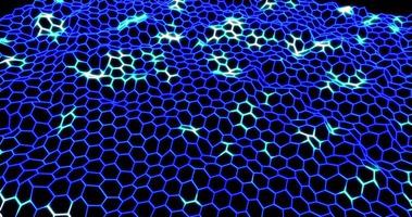 Looped abstract background from waves of hexagons from stripes and lines of bright blue beautiful magical energetic glowing neon. Abstract background. Screensaver, video in high quality 4k