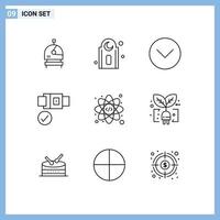 Pack of 9 Modern Outlines Signs and Symbols for Web Print Media such as green coding media player atom safety Editable Vector Design Elements