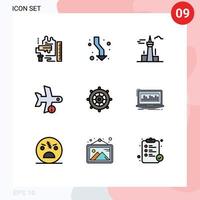 paquete de 9 signos y símbolos de colores planos de línea de relleno modernos para medios de impresión web, como la dirección de vuelo del avión, puntos de referencia de Canadá, elementos de diseño de vectores editables