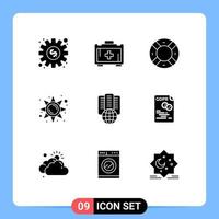 Group of 9 Modern Solid Glyphs Set for proxy hosting safety sun light light Editable Vector Design Elements